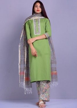 Green Readymade Linen Pant Salwar Suit