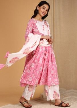 Pink Floral Block Print Readymade Pant Salwar Suit