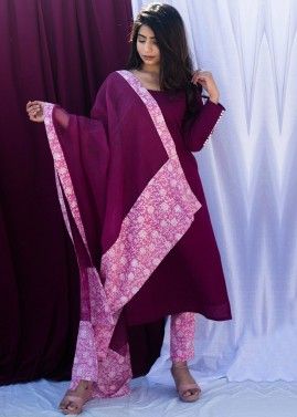 Purple Readymade Pant Salwar Suit With Dupatta