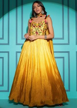Yellow Embroidered Gown In Chiffon