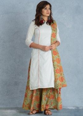 White Readymade Palazzo Suit With Block Printed Dupatta