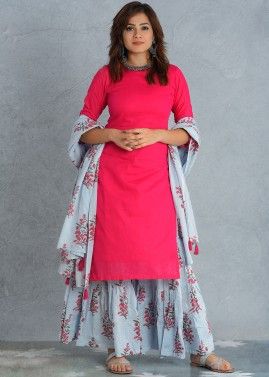 Readymade Red Sharara Suit With Block Printed Dupatta