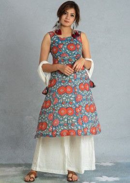 Blue Floral Block Printed Readymade Palazzo Suit