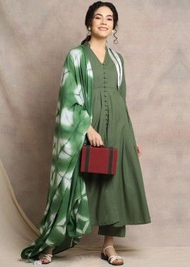 Green Readymade Pant Suit With Tie Dye Dupatta