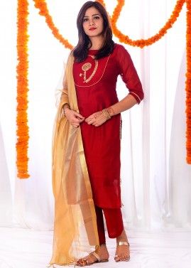 Readymade Red Chanderi Embroidered Pant Salwar Suit