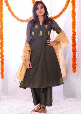 Green Embroidered Readymade Chanderi Palazzo Suit
