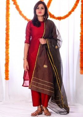 Red Chanderi Readymade Straight Cut Palazzo Suit