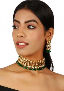 Kundan Studded Golden and Green Choker Necklace Set