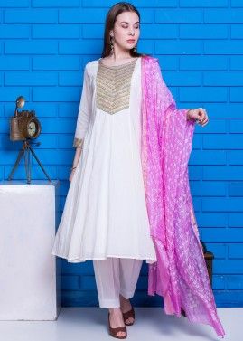 Readymade White Embroidered Anarkali Pant Salwar Suit
