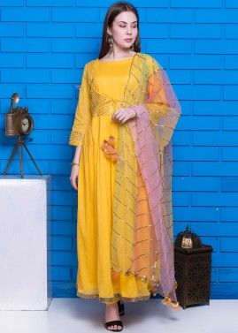 Readymade Yellow Embroidered Jacket Style Pant Salwar Suit