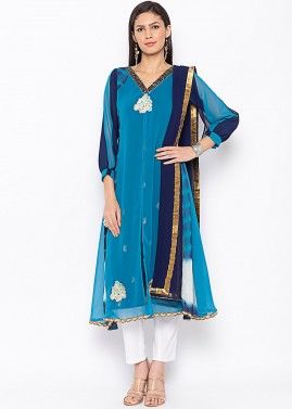 Blue Readymade Layered Tie Dye Printed Pant Salwar Suit