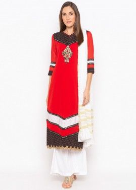 Red Embroidered Readymade Palazzo Suit With Dupatta