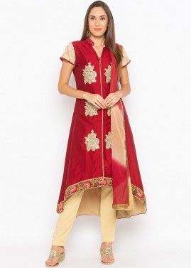 Maroon Asymmetric Embroidered Readymade Pant Salwar Suit