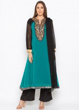 Green Embroidered Asymmetric Readymade Pant Salwar Suit