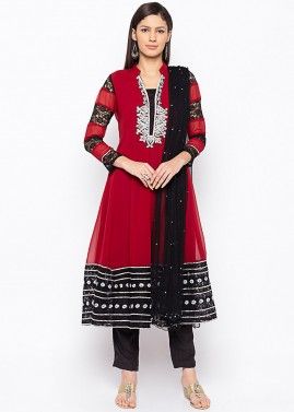 Maroon Readymade Embroidered Anarkali Suit With Dupatta