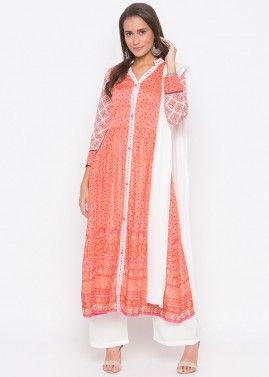 Orange Readymade Floral Printed Cotton Pant Salwar Suit