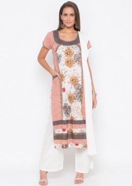 White and Peach Printed Paneled Readymade Pant Salwar Suit