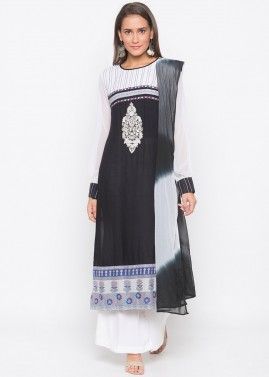 Black and White Readymade Embroidered Cotton Palazzo Suit