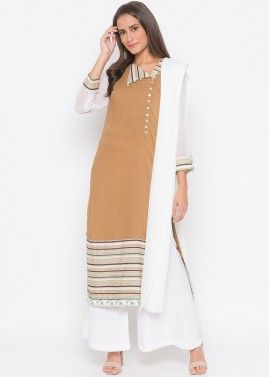 Beige Readymade Straight Cut Printed Border Palazzo Suit