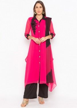 Pink Embroidered Asymmetric Readymade Pant Salwar Suit