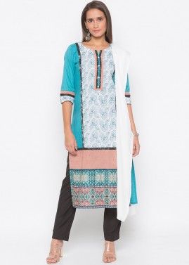 Readymade Turquoise and White Embroidered Pant Salwar Suit