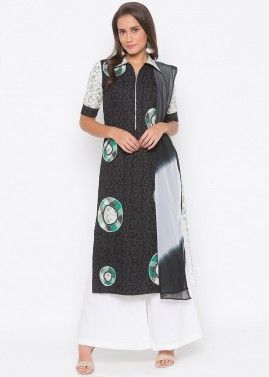 Black Printed Readymade Straight Cut Cotton Palazzo Suit