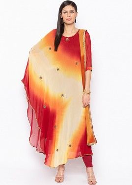 Red Yellow Shaded Asymmetric Readymade Pant Salwar Suit