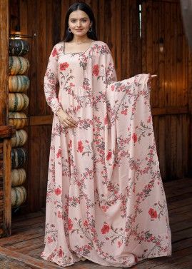 Peach Floral Printed Readymade Gown