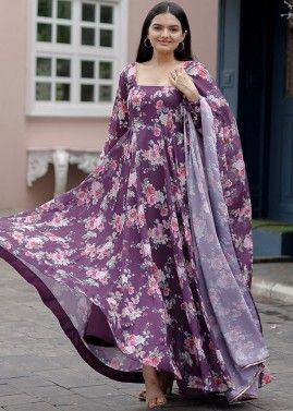 Purple Readymade Gown In Floral Print