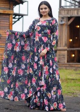 Blue Floral Printed Readymade Gown