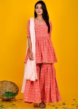 Readymade Orange Block Printed Pakistani Gharara Suit