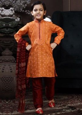 Orange Printed Kids Readymade Kurta Pajama Set