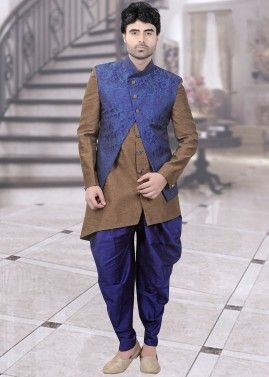 Asymmetric Brown Art Silk Sherwani With Jacket
