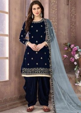 Navy Blue Velvet Embroidered Patiala Suit