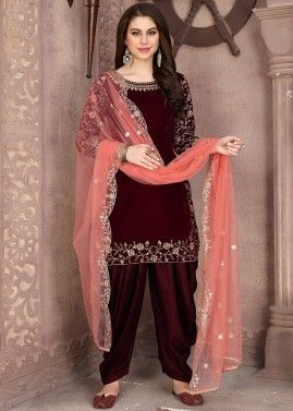 Maroon Embroidered Patiala Suit With Dupatta