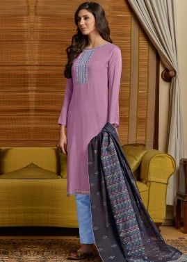 Purple Embroidered Cotton Pant Salwar Suit