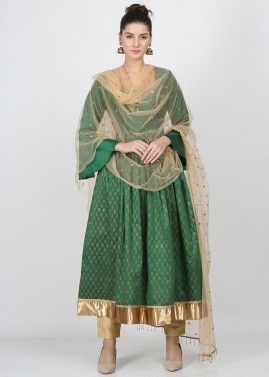 Green Block Printed Readymade Bell Sleeved Pant Salwar Suit