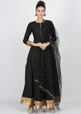 Black Readymade Anarkali Suit With Sequins Work Dupatta