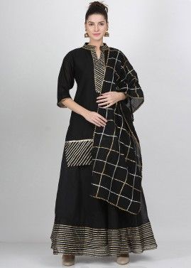 Black Gota Patti Laced Readymade Chanderi Sharara Suit