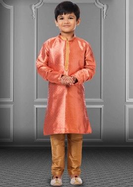 Orange Kids Zari Woven Kurta Pajama Set