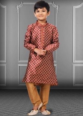 Maroon Kids Kurta Pajama With Zari Woven Motifs