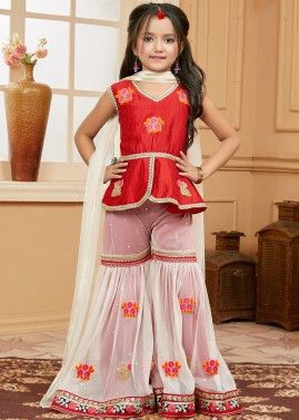Red Kids Embroidered Readymade Gharara Style Suit