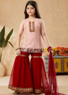 Readymade Peach Embroidered Sharara Suit For Kids