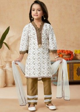 White Readymade Embroidered Kids Pant Suit