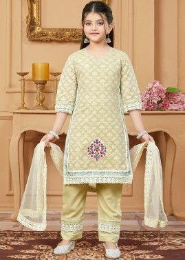 Beige Embroidered Kids Readymade Pant Suit Set