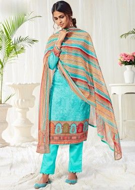 Turquoise Cotton Digital Printed Pant Salwar Suit