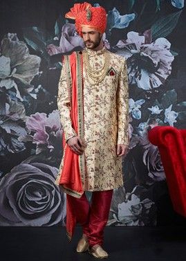 Embroidered Beige Groom Sherwani With Stole