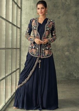 Navy Blue Embroidered Gown & Jacket