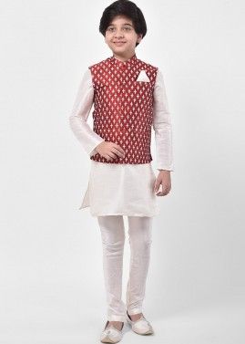 Readymade White Kids Kurta Pajama With Nehru Jacket