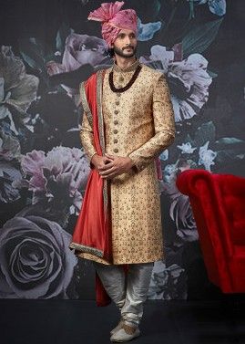 Peach Embroidered Groom Sherwani Set With Stole